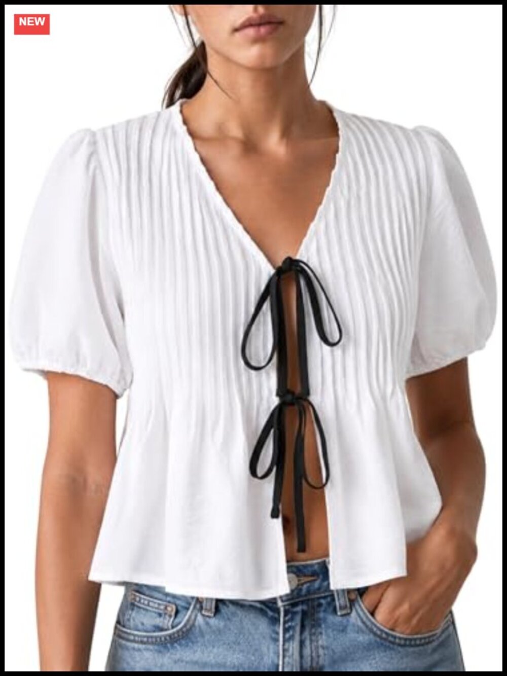 Women's Tie Front Peplum Top Crop Blouse Puff Sleeve Babydoll Summer